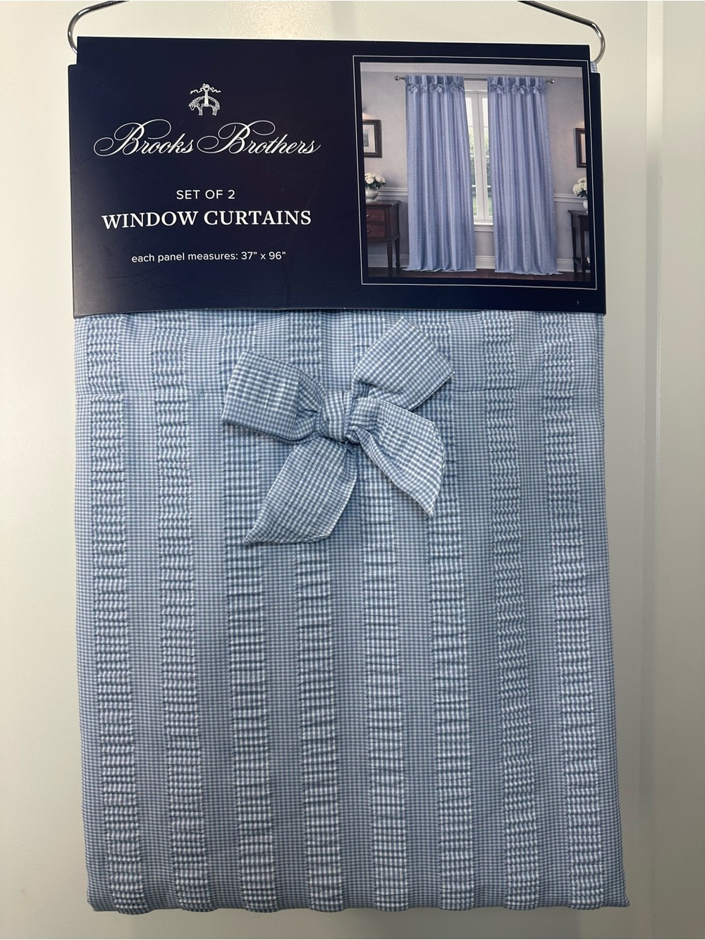 Brooks Brothers Blue Bow Top Seersucker Gingham Curtains 37 X 96 Set of 2 Panels